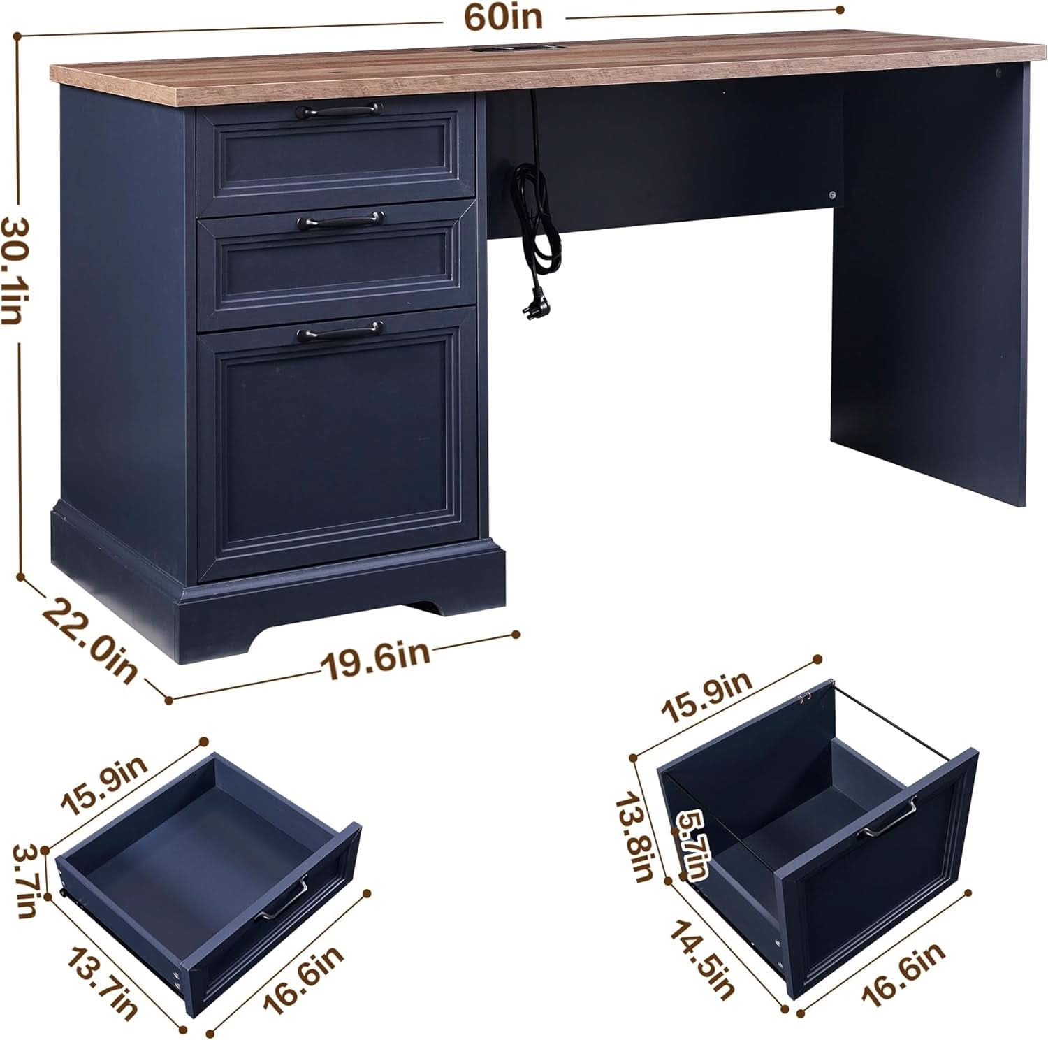 Blue Farmhouse Executive Desk with Charging Station