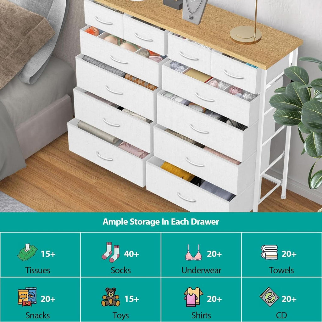 Compact 12 Drawer Dresser With Fabric Drawers And Wood Top