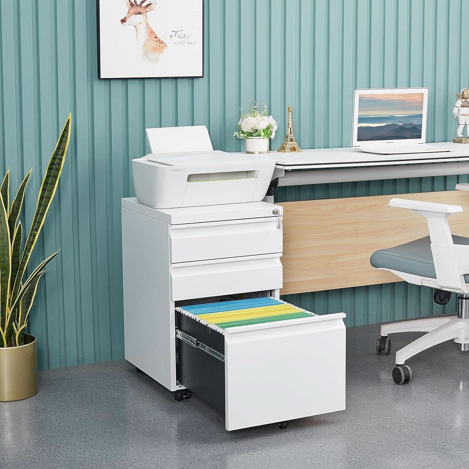 Three Drawer Locking File Cabinet Matte White For Home Office Under Desk Fully Assembled A4 Letter Legal