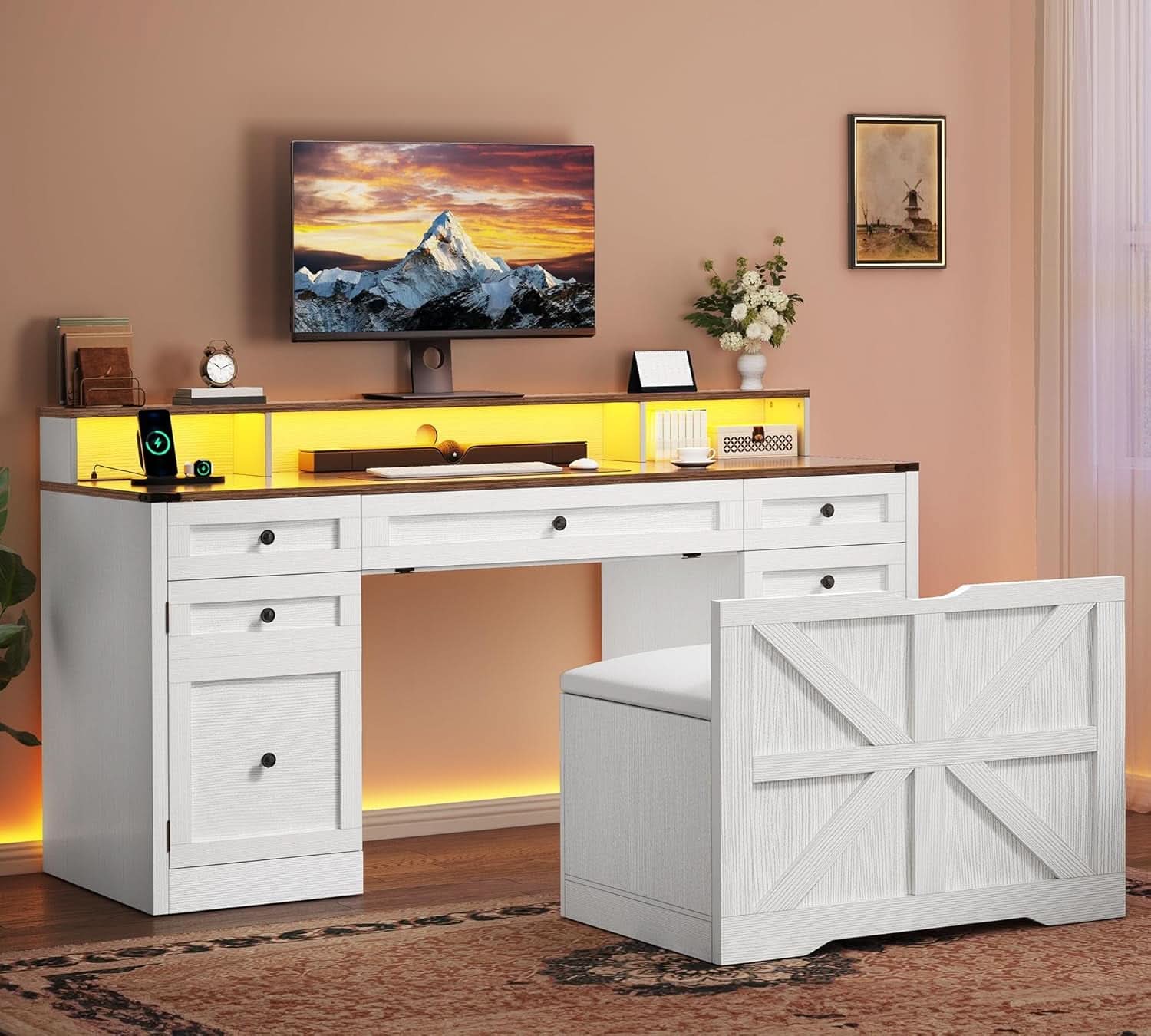 Antique White Computer Workstation Stool With Drawers