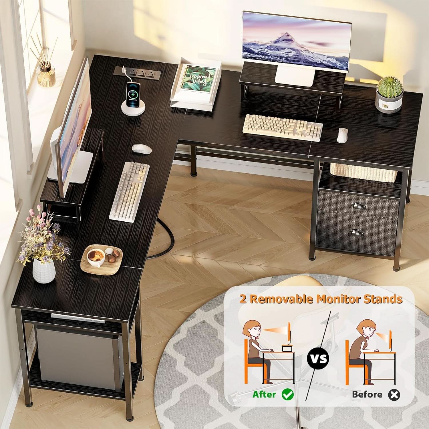 59-Inch L-Shaped Desk with Black Storage Drawers