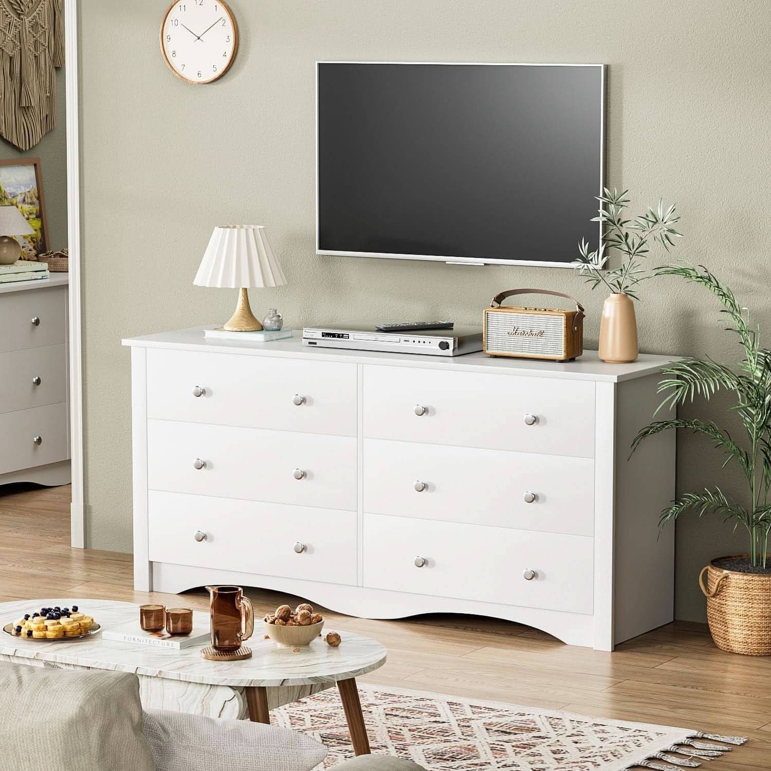 Dresser With 6 Drawers And TV Stand White Wood Storage