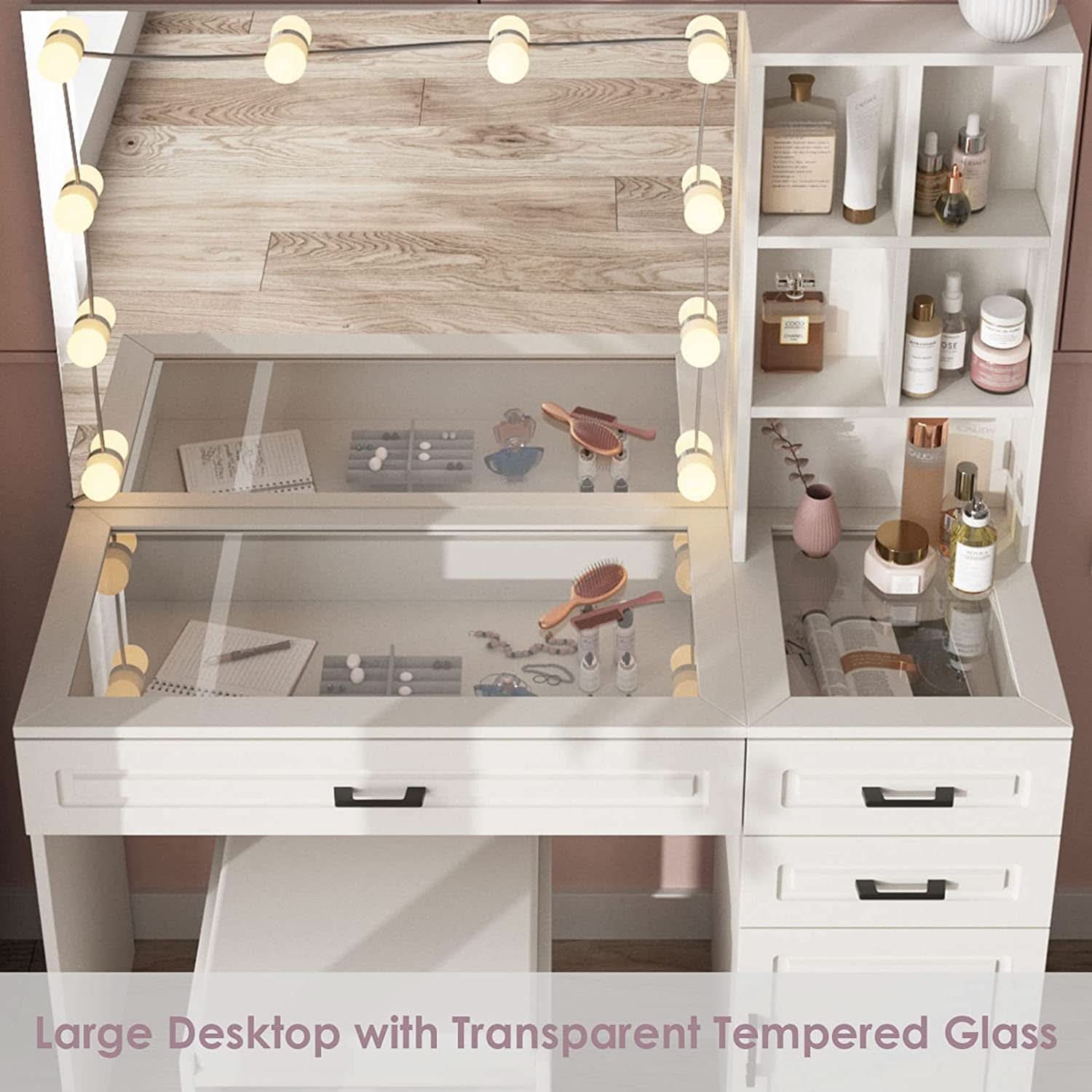 White Vanity Table Set With Glass Top Hollywood Mirror