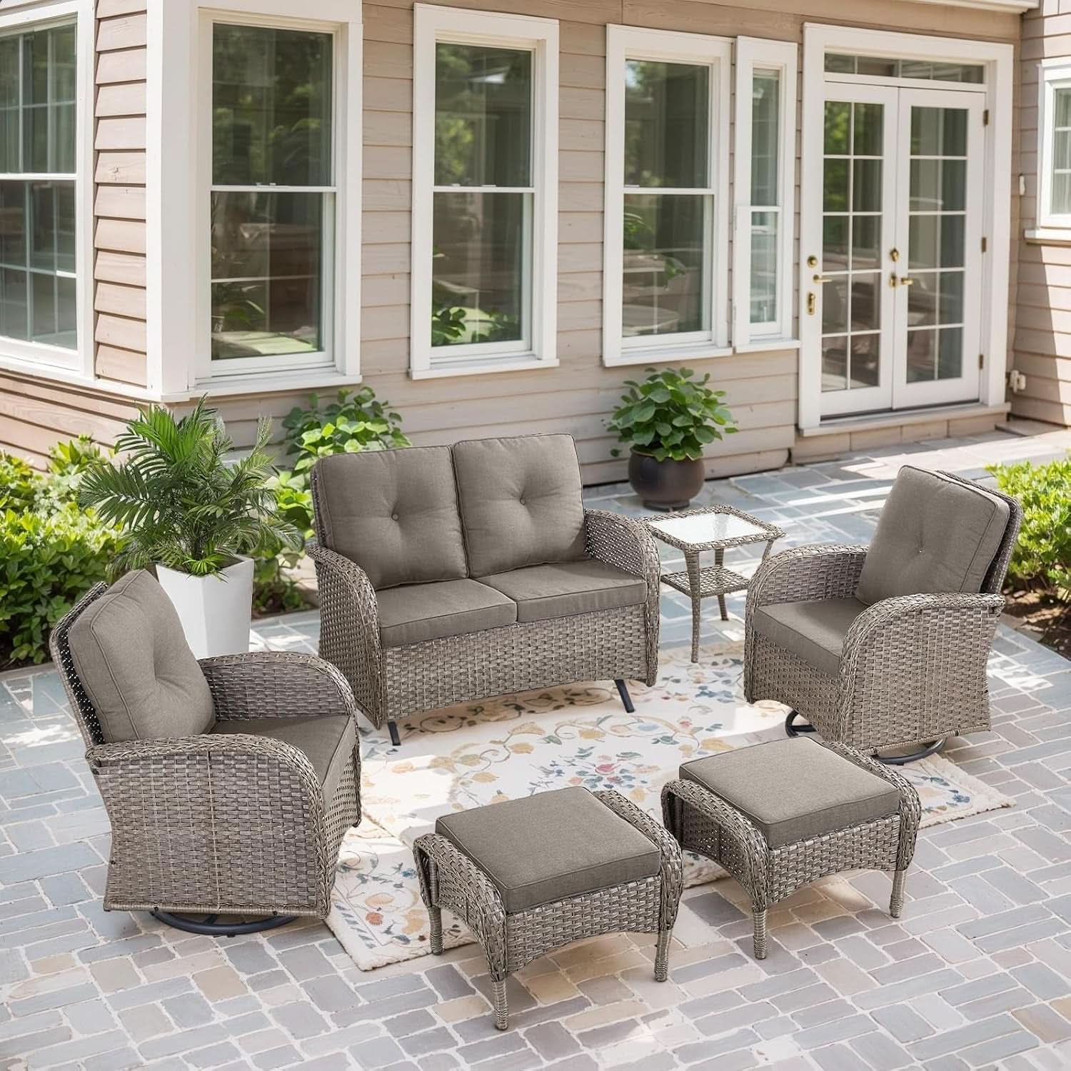 5 Piece Outdoor Patio Set Gray Wicker Swivel Rockers