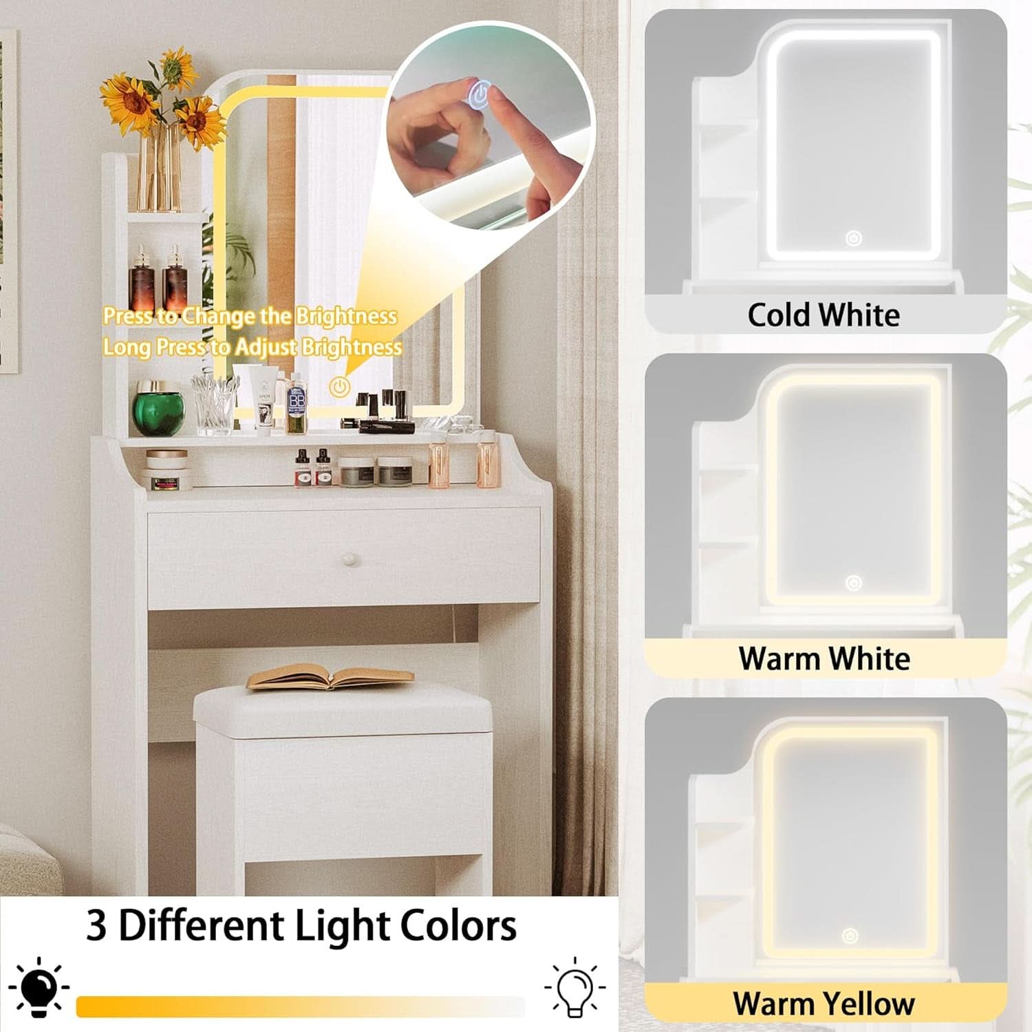 White Vanity Set With Lighted Mirror Modern Bedroom Desk