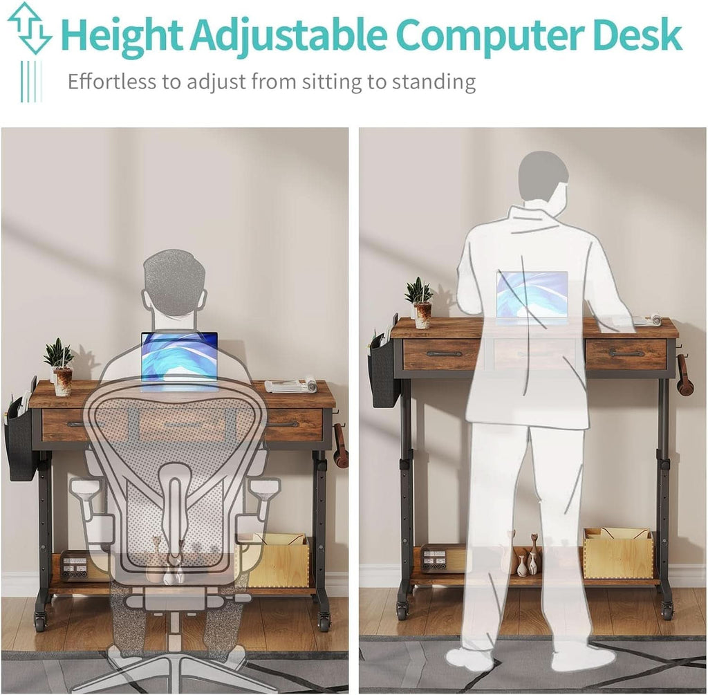 Rolling Height-Adjustable Computer Desk with Drawers