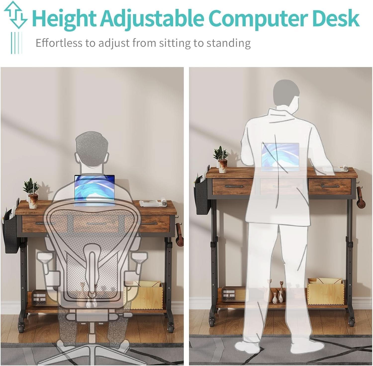 Rolling Height-Adjustable Computer Desk with Drawers