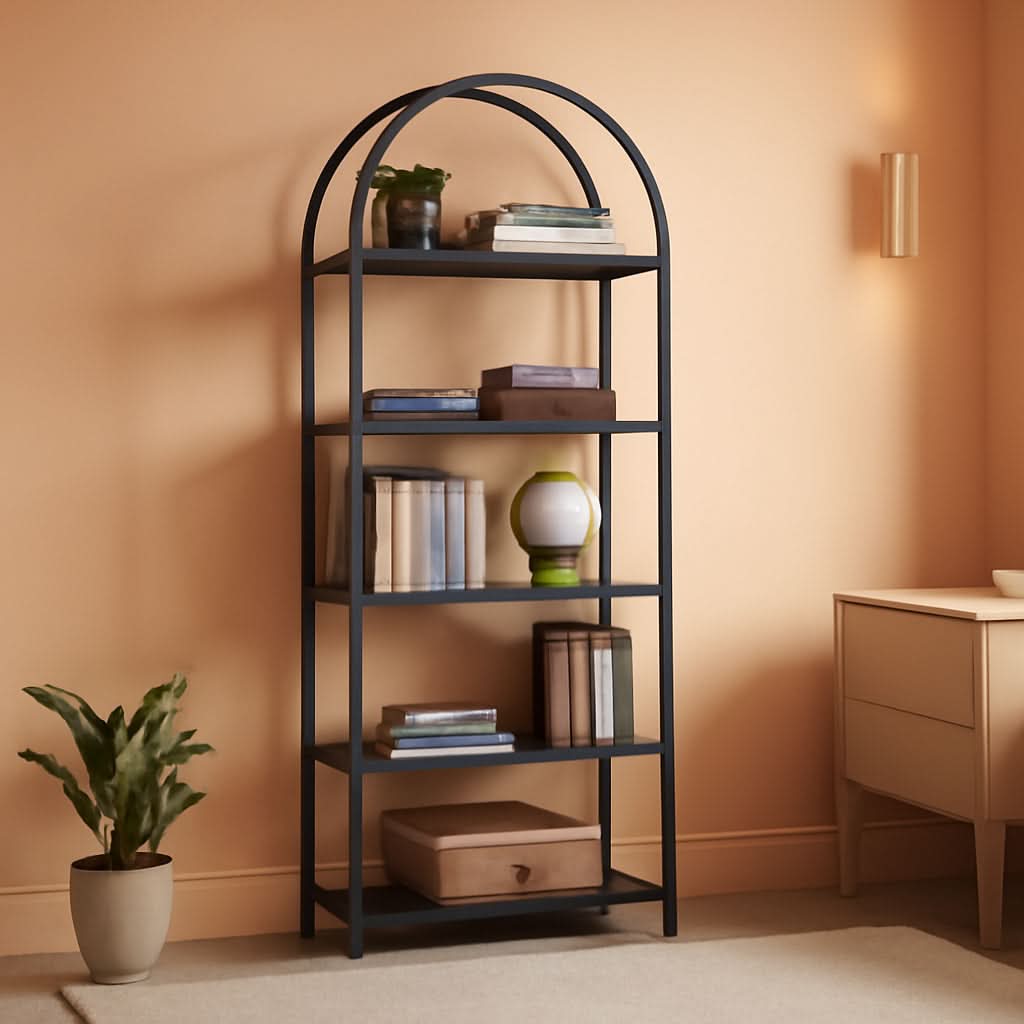 Tall Black Arched Bookcase with 5 Open Shelves