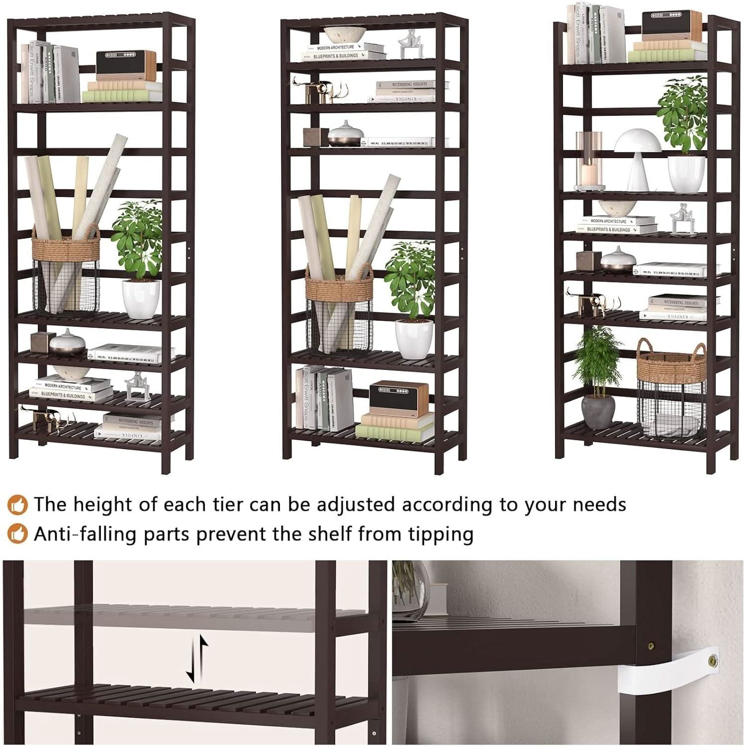 6-Tier Bamboo Bookcase Espresso 63.4 Inch Tall Freestanding Shelf