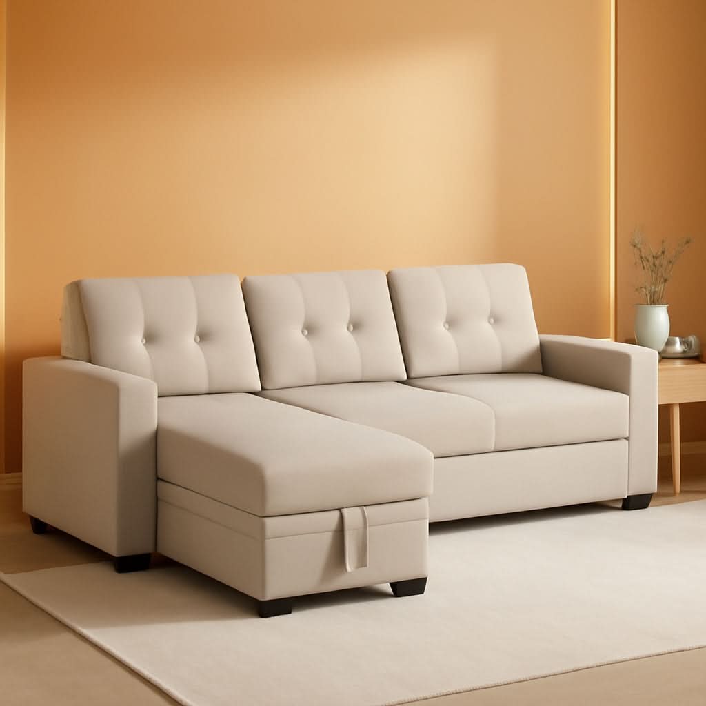 Beige L-Shaped Convertible Sleeper Sectional