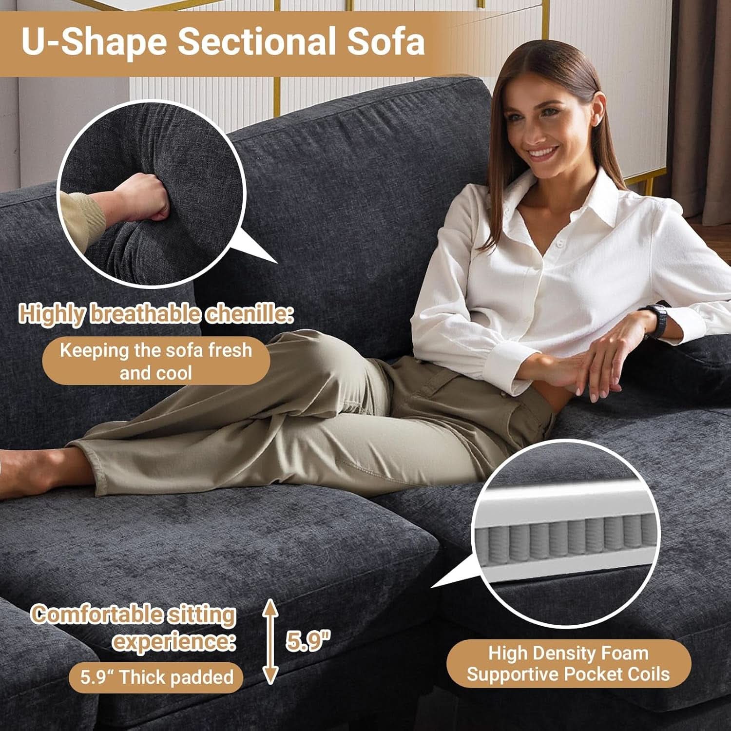Black U-Shaped Sectional Sofa with Double Chaise