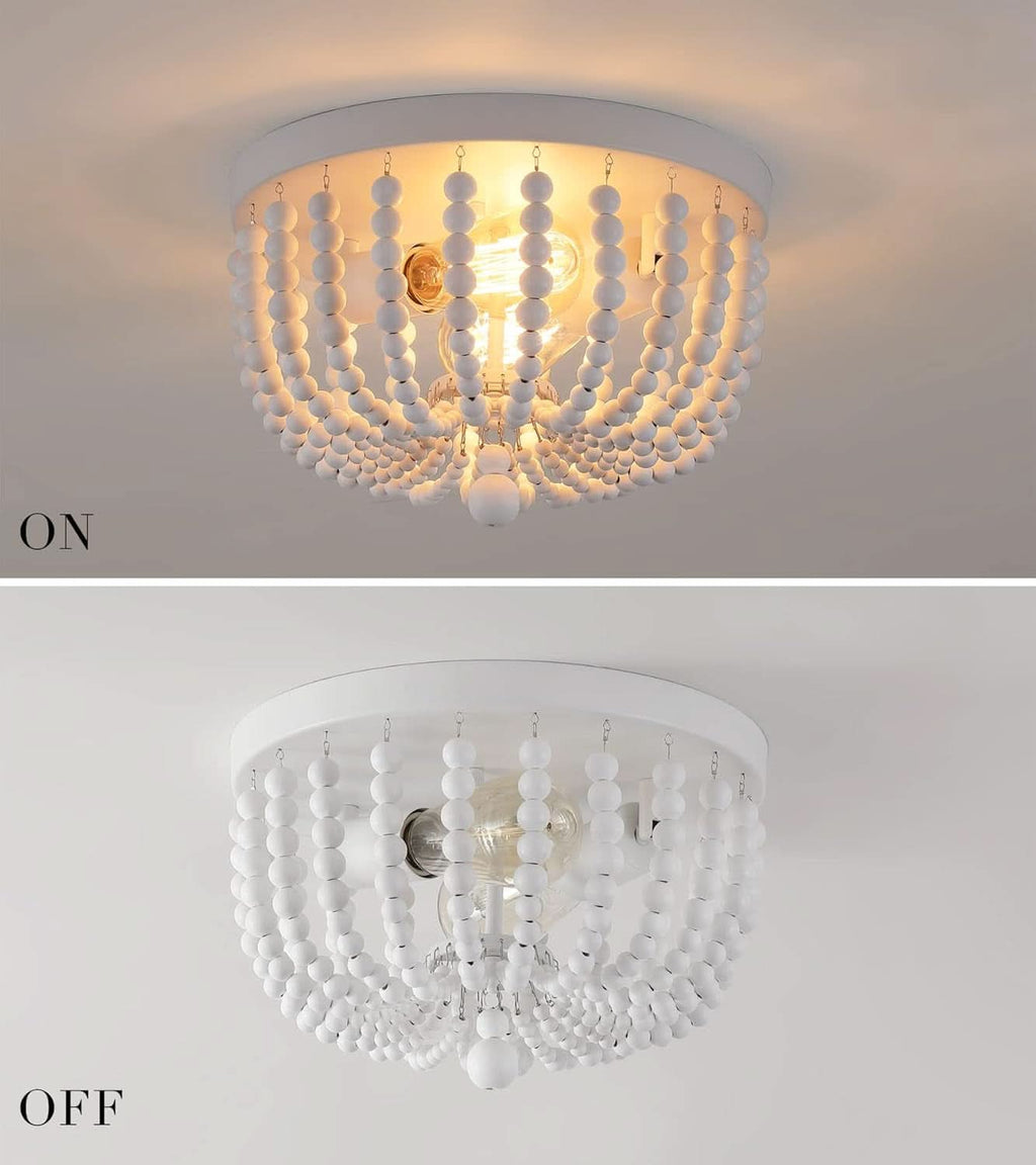 Two Light White Wood Beaded Boho Flush Mount Chandelier For Nursery And Bedroom Decor