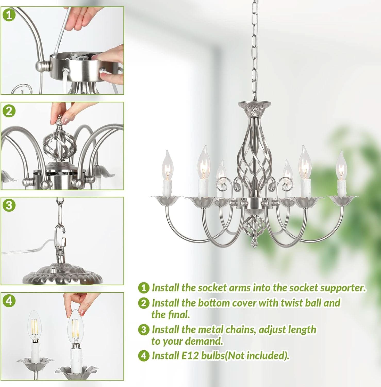6-Light Rustic Farmhouse Candle Chandelier, Brushed Nickel