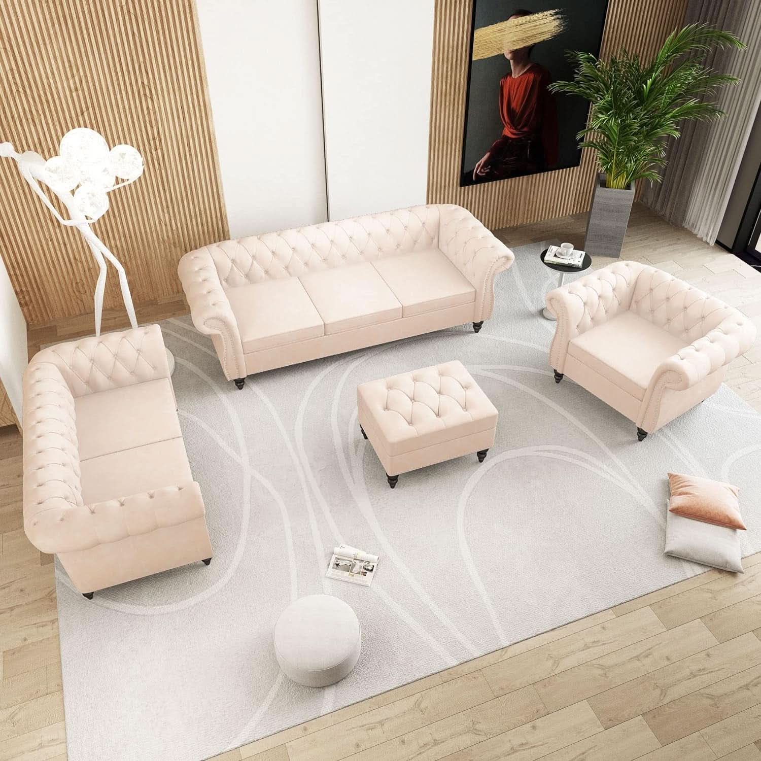 Beige Velvet 3 Piece Living Room Set With Chesterfield Sectional Sofa And Loveseat