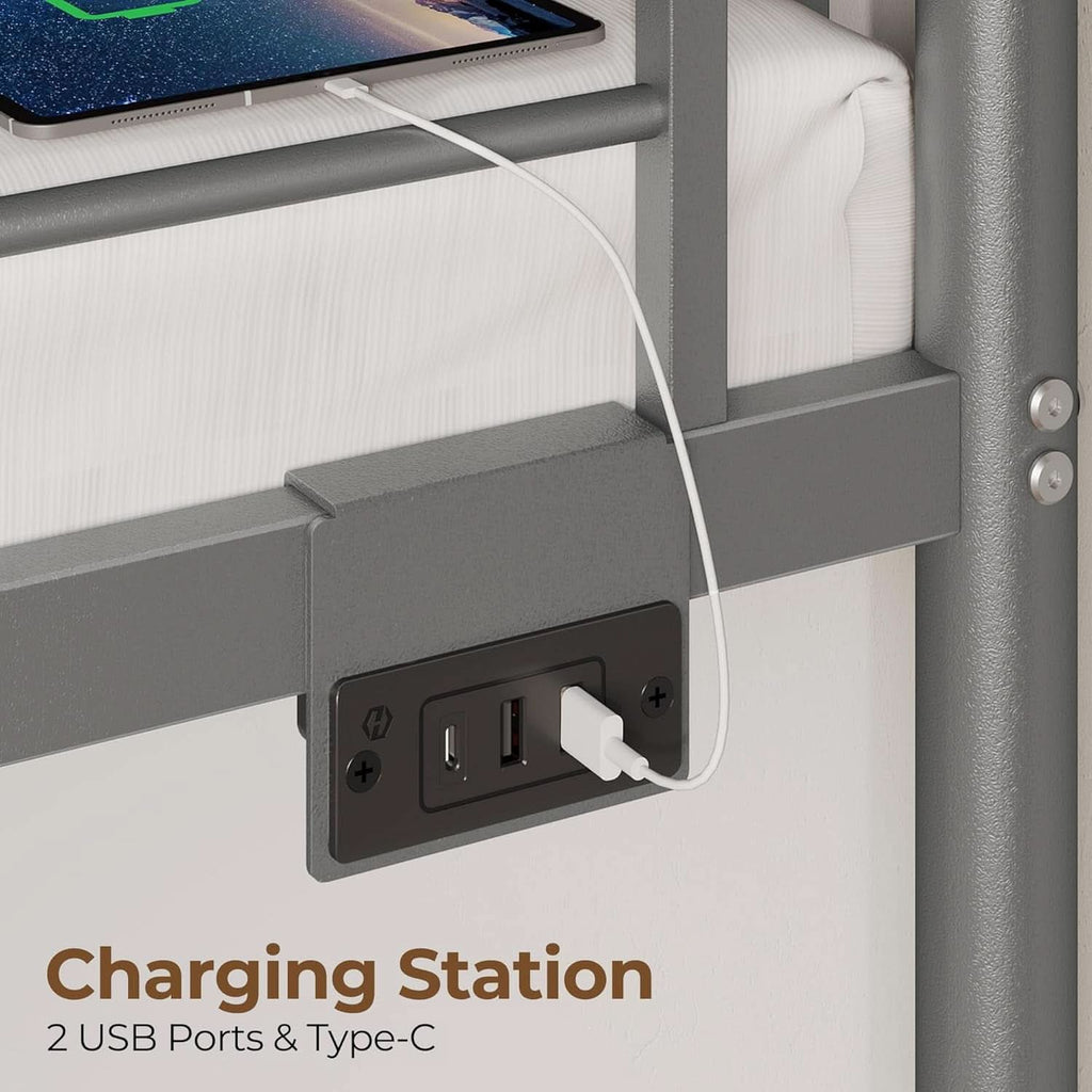 Grey Metal Twin Bunk Bed With USB Charging And Drawers