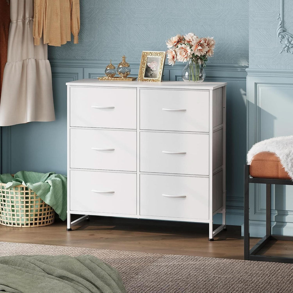 White Fabric Dresser With 6 Drawers And Fabric Bins