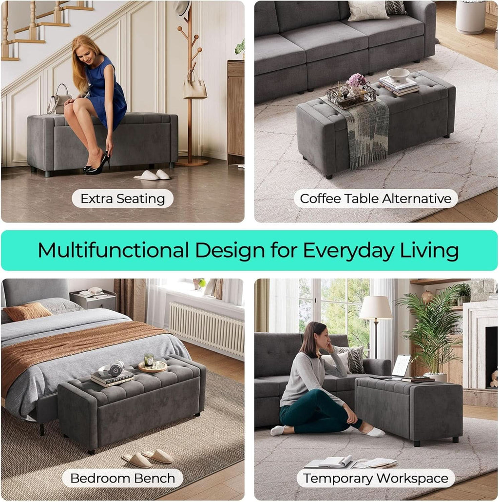 50 Inch Grey Luxurious Upholstered Storage Ottoman