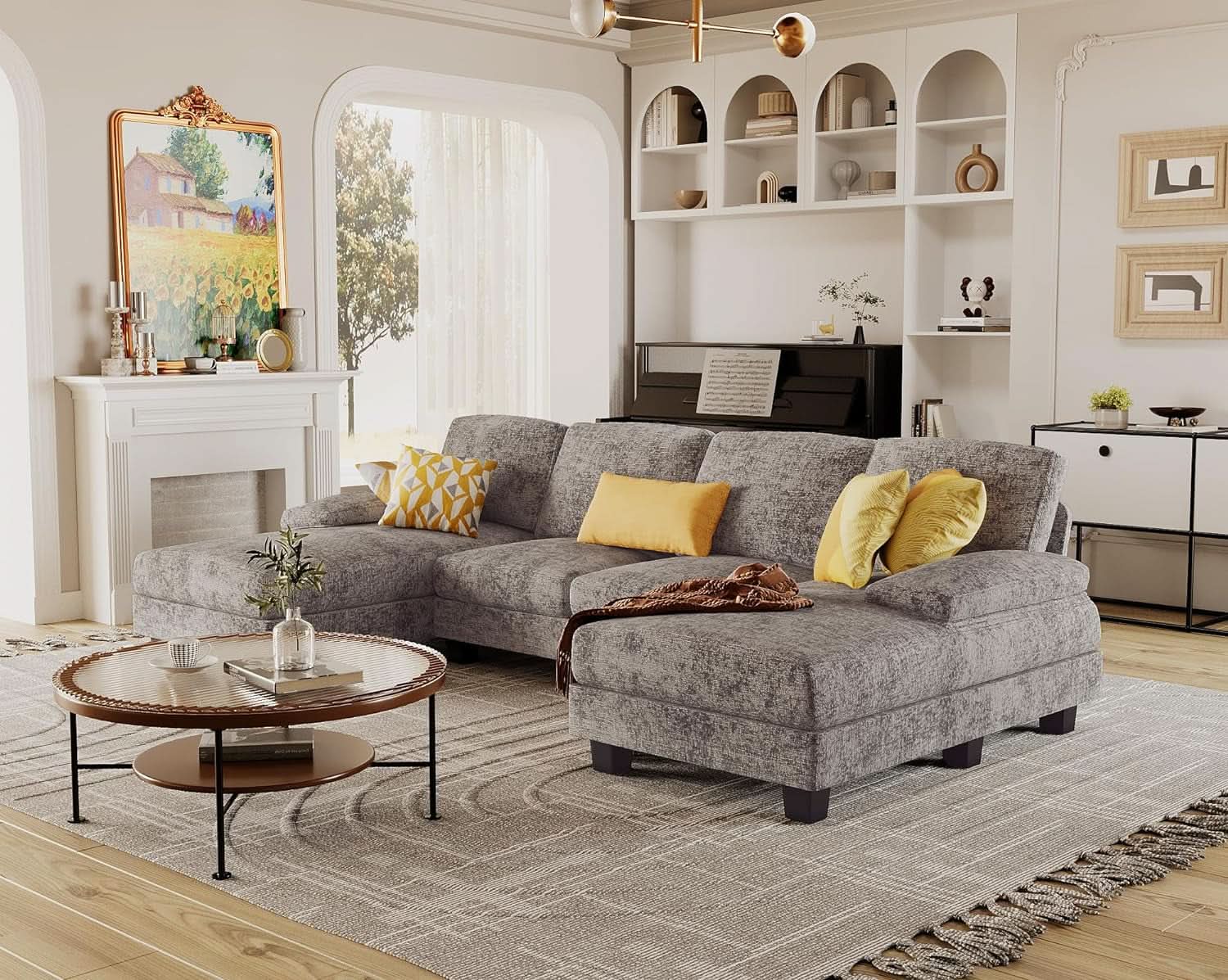 Grey Linen U-Shaped Sectional Sofa with Double Chaise