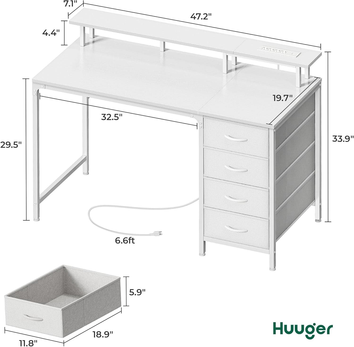 47 Inch LED Gaming Desk With Power Outlets White Drawers
