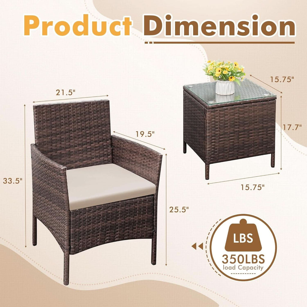 Patio Set 3 Piece All Weather Rattan Glass Table Brown