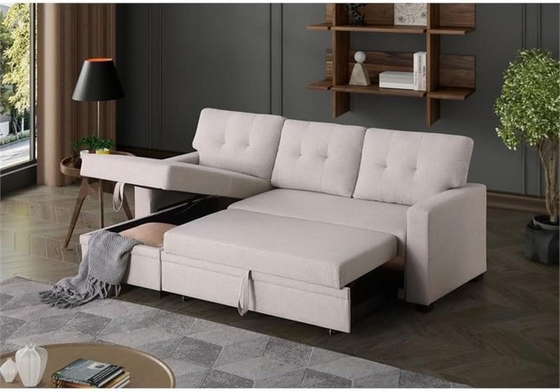 Beige L-Shaped Convertible Sleeper Sectional