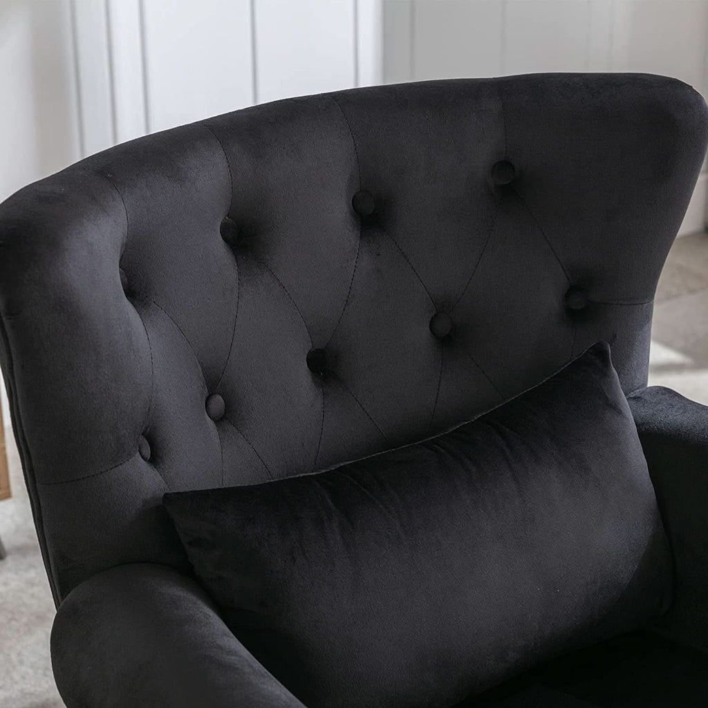 Elegant Black Velvet Wingback Chair With Ottoman Set