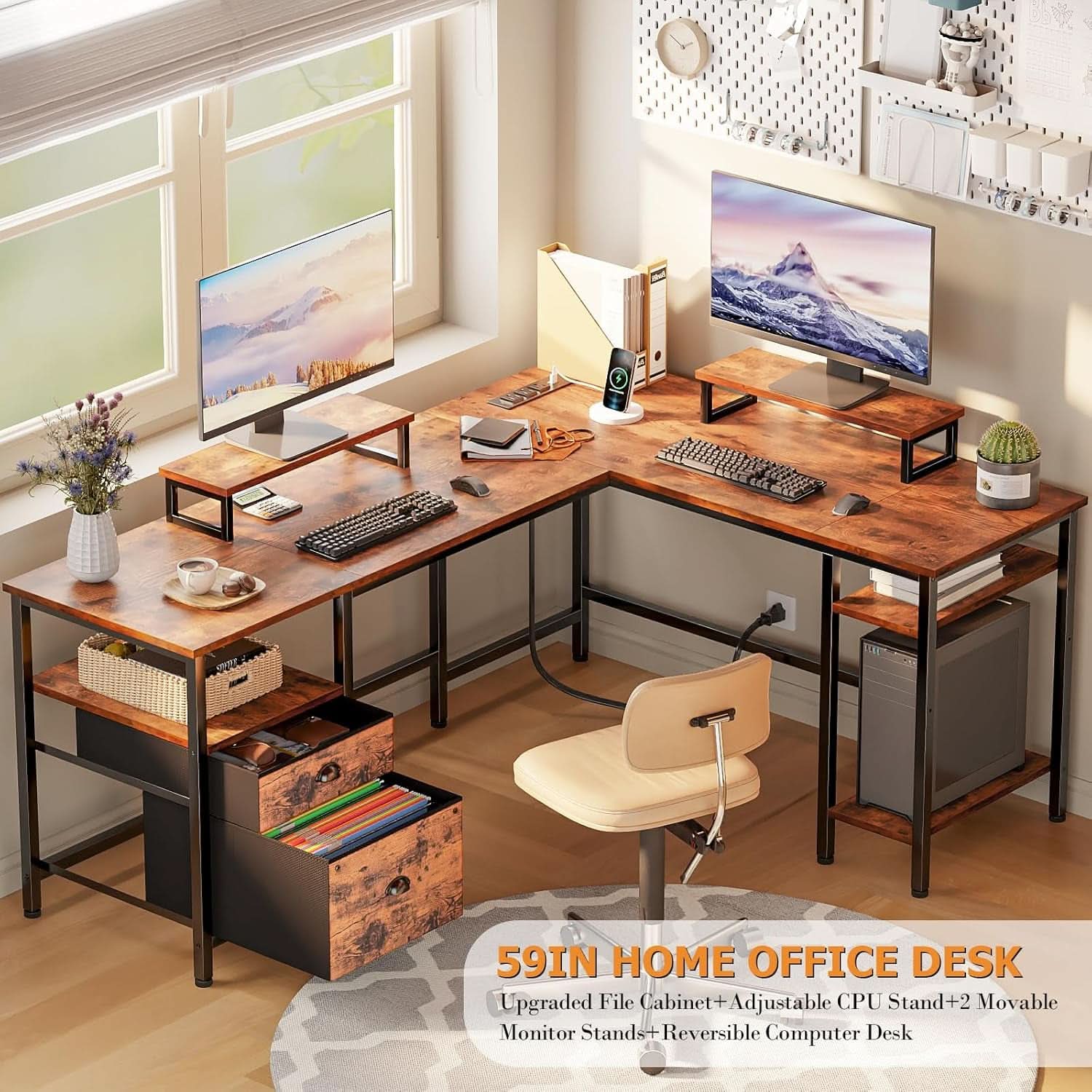 59-Inch L-Shaped Desk with Power Outlet and Shelves