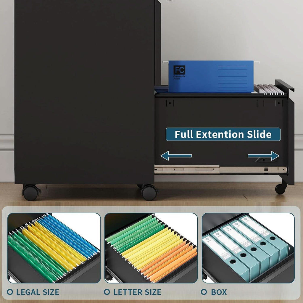 2 Drawer Mobile File Cabinet On Wheels Black For Home Office Under Desk Filing Legal Letter A4
