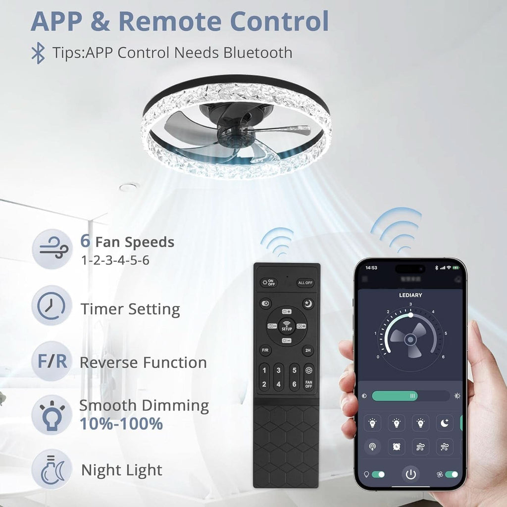 20 Inch Black Ceiling Fan With Lights And Remote, Dimmable, Flush Mount, Stepless Color Temperature, 6 Speeds