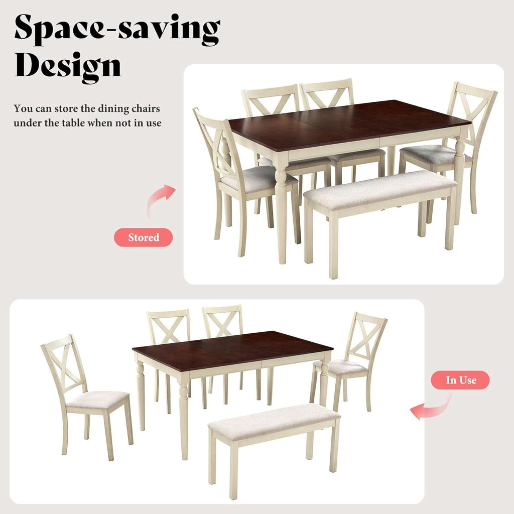 Sixty Inch Solid Wood Walnut Finish Dining Table Set Upholstered Chairs