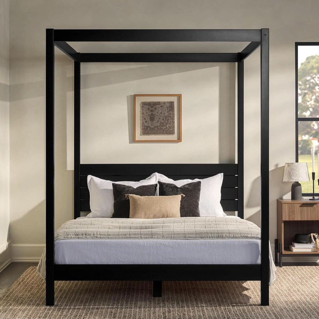 Modern Black Queen Canopy Bedframe with Slatted Headboard