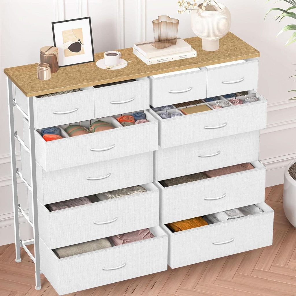 Compact 12 Drawer Dresser With Fabric Drawers And Wood Top