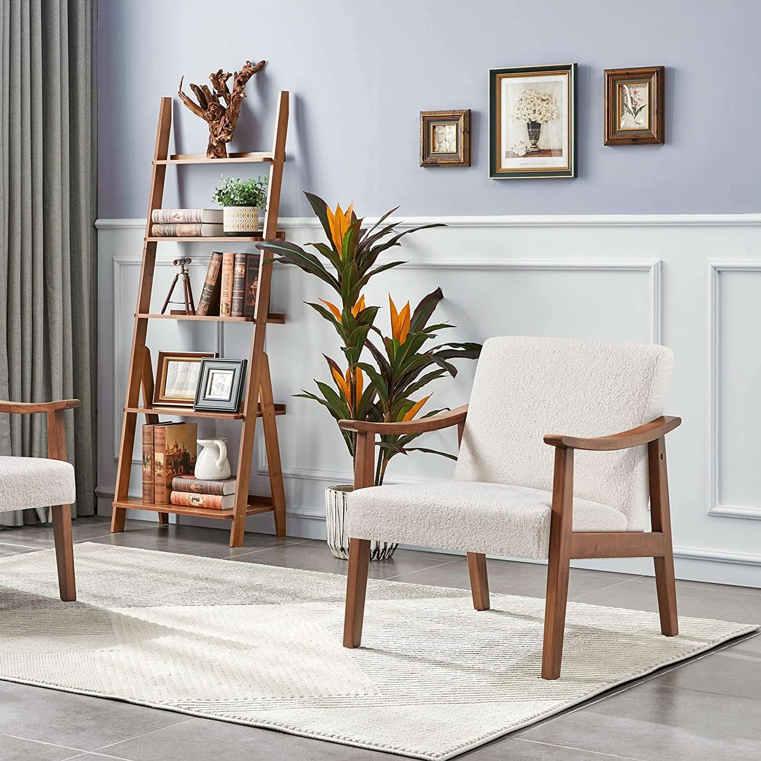 Mid Century Ivory Accent Chair With Wood Legs Boucle Upholstery