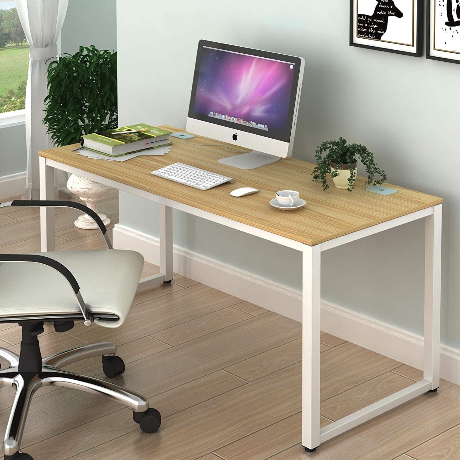 55 Inch Oak Top Desk With White Steel Frame For Home Office