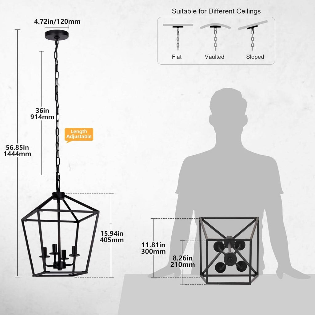 4 Light Black Lantern Chandelier With Adjustable Height