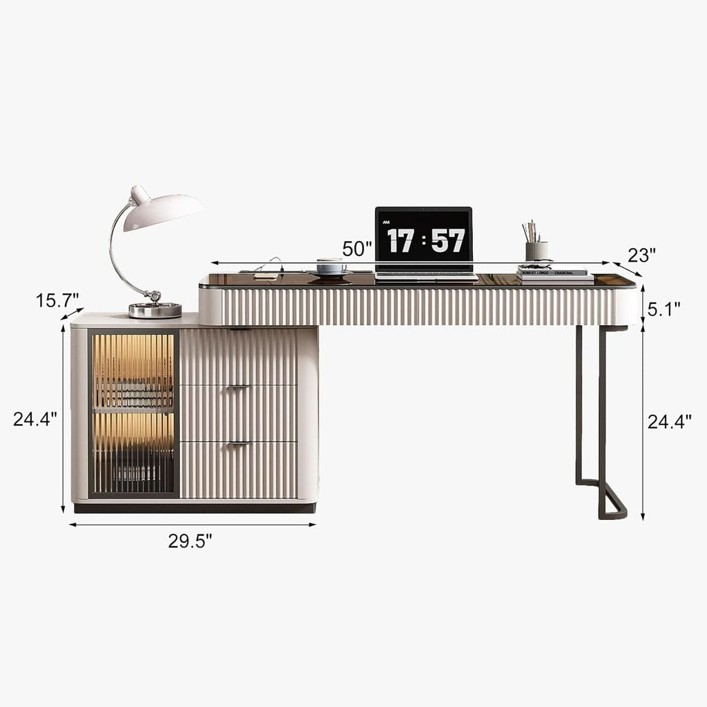 Ivory 50-Inch Office Desk with Cabinet and LED Lighting