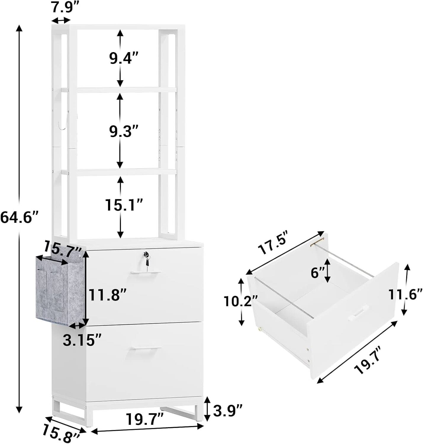2 Drawer File Cabinet With Lock For Letter Legal A4 Folders White With Storage Bag Open Shelf And Hook
