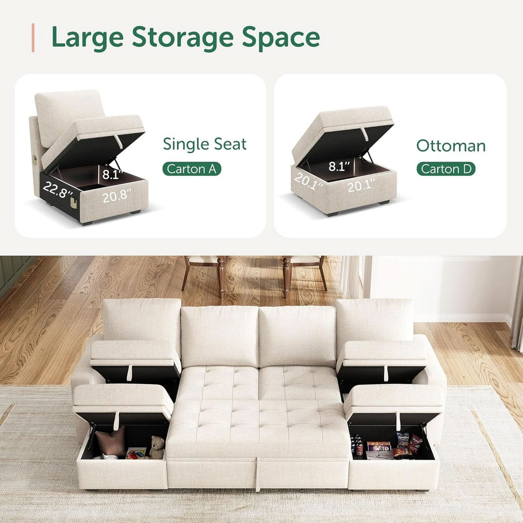 Beige Modular Sleeper Sectional Sofa with Storage