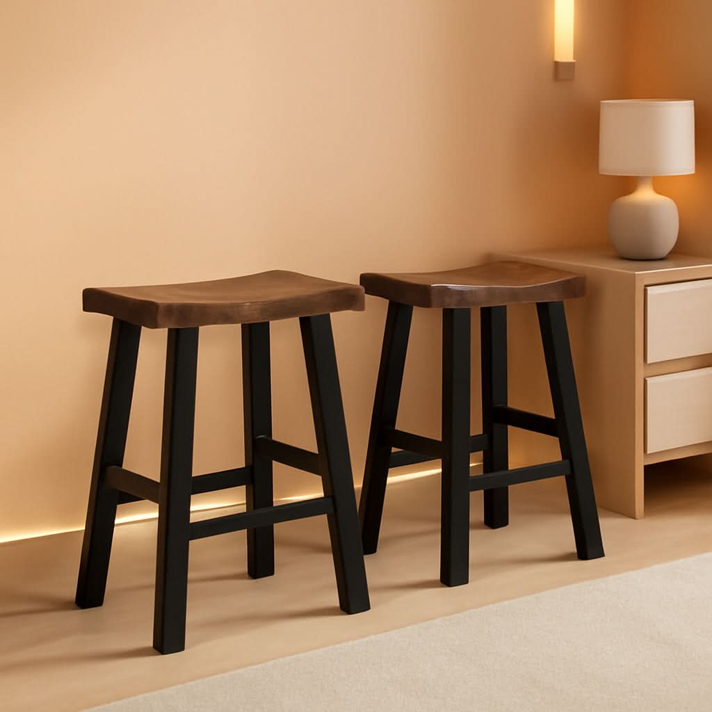 29 Inch Saddle Bar Stools Set Of 2 Rustic Brown Wood Frame Backless