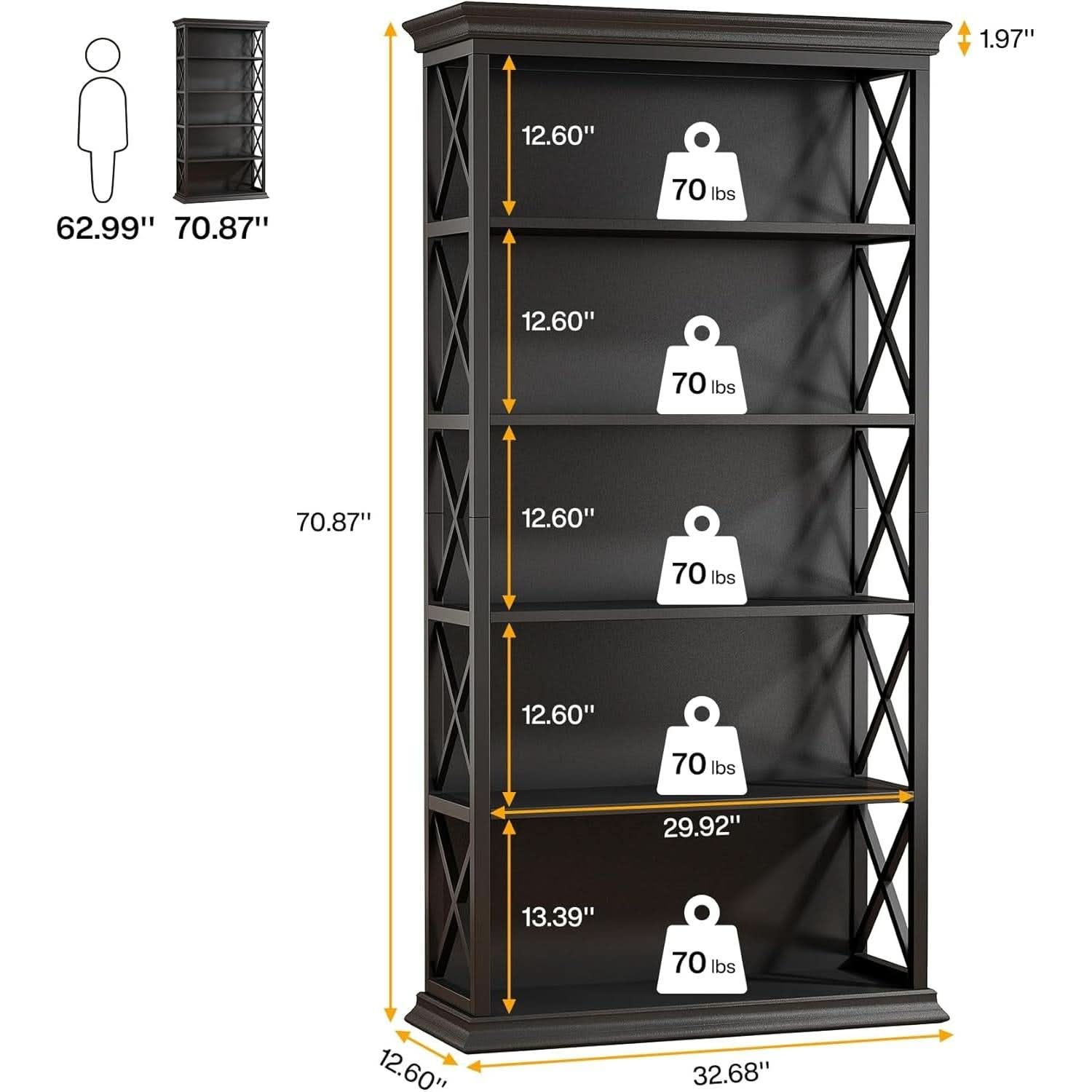 71 Inch 6 Tier Industrial Bookcase Floor Standing All Black