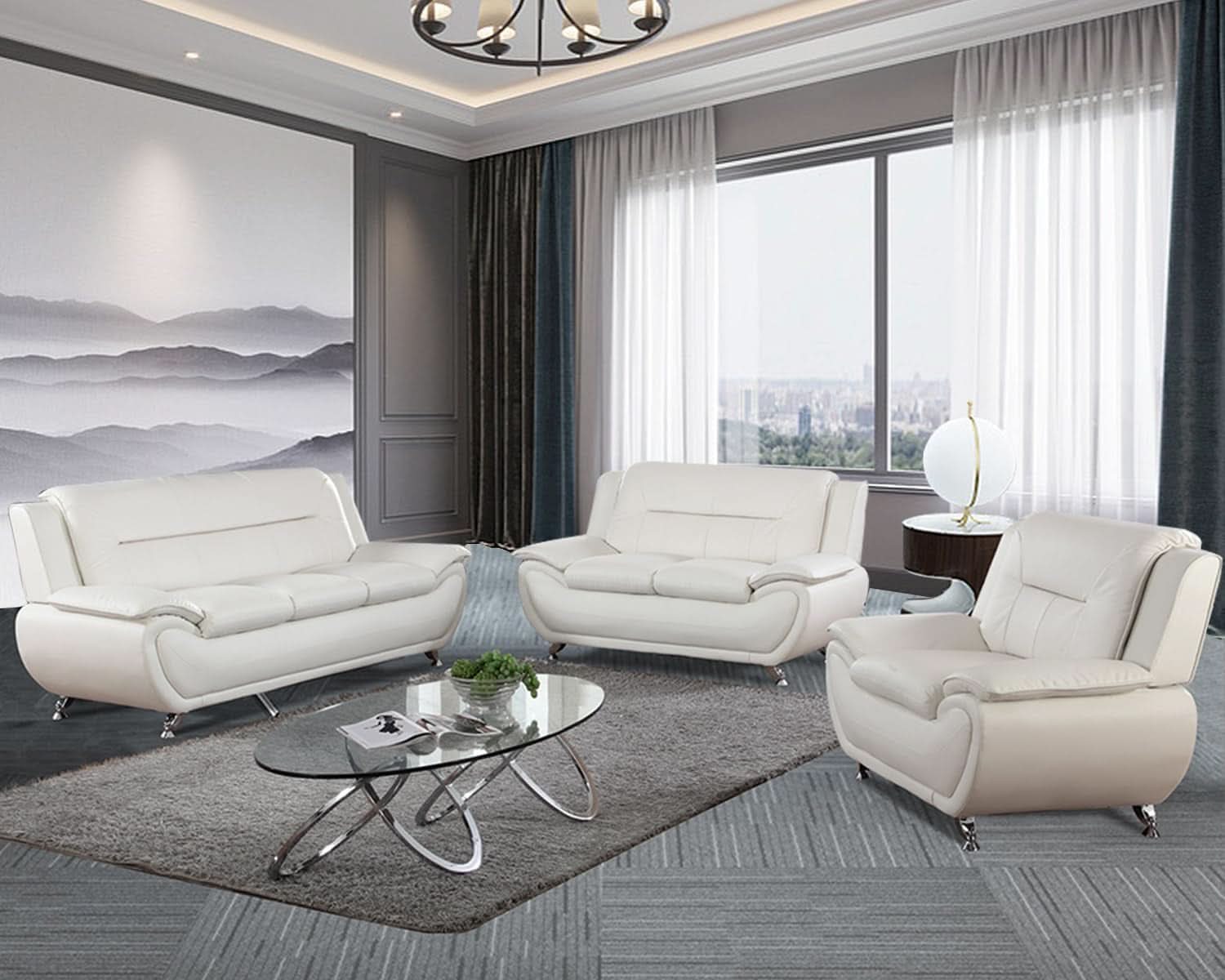 Leather 3 Piece Living Room Set Cream White With 3 Seater Sofa Loveseat And Armchair