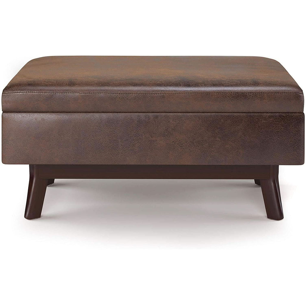 Mid Century Storage Ottoman 36W Chestnut Faux Leather