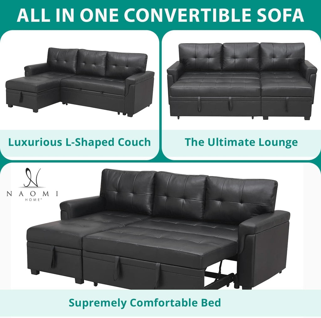 Jenny Sectional Sleeper Sofa With Storage Chaise In Black Air Leather