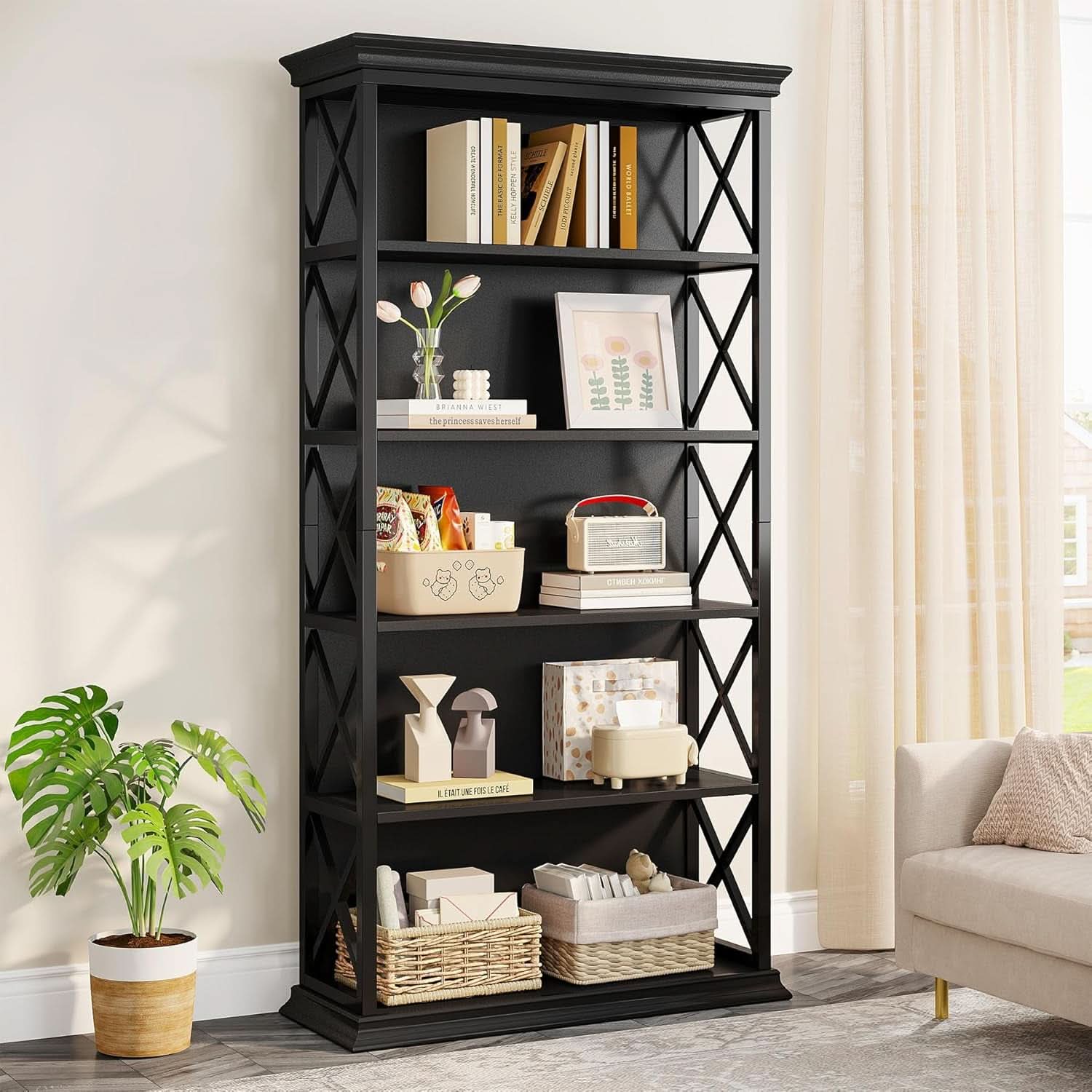 71 Inch 6 Tier Industrial Bookcase Floor Standing All Black
