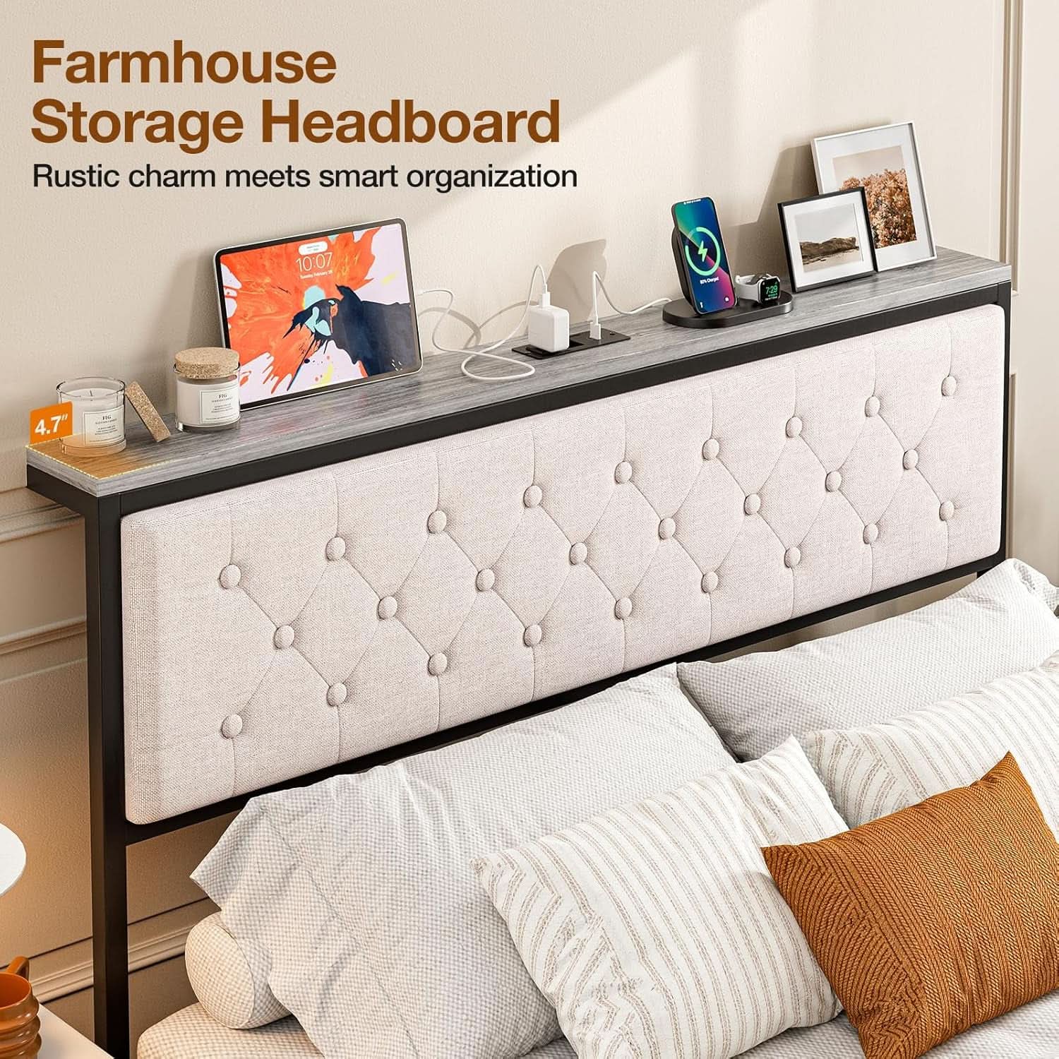 Queen Size Upholstered Headboard with Storage and Charging