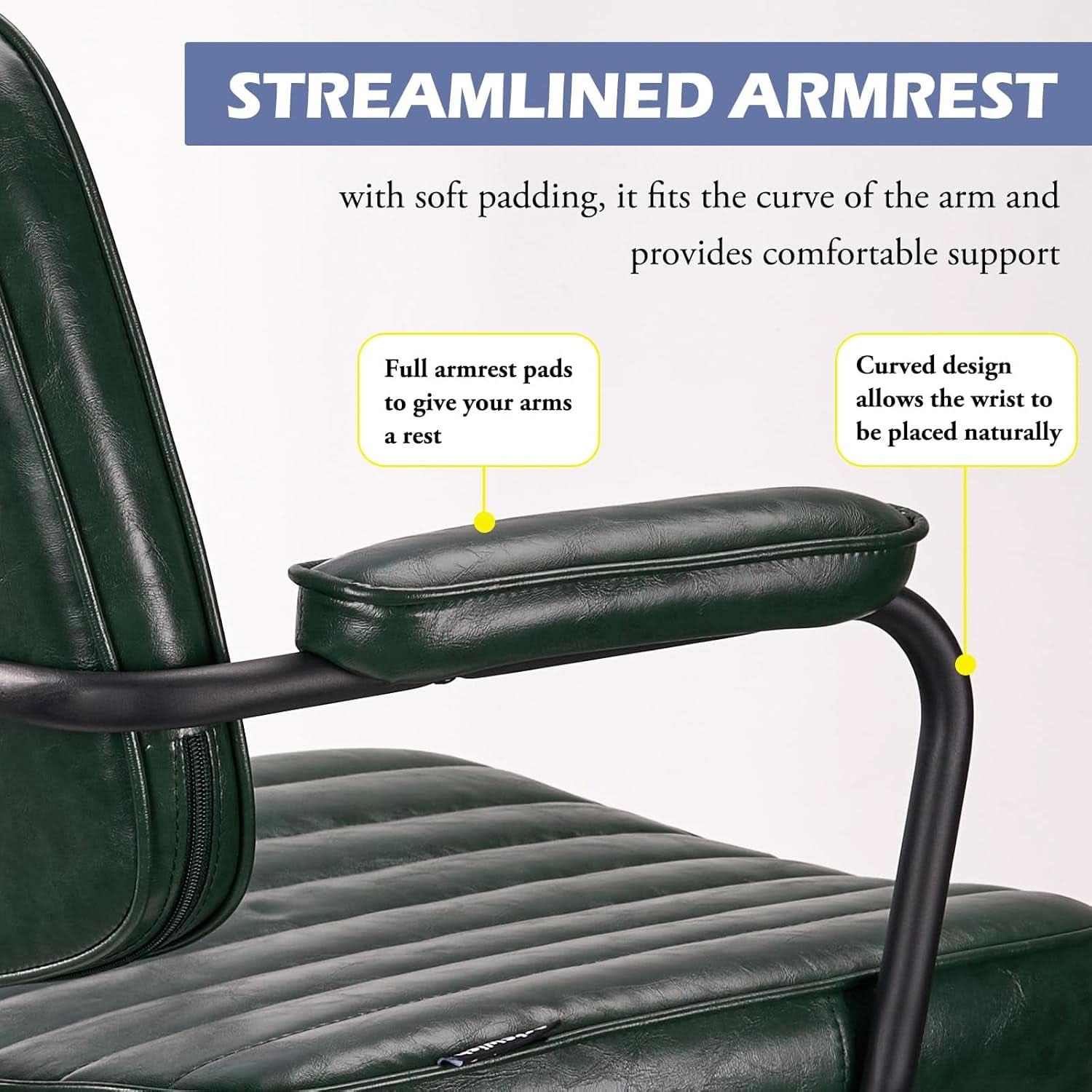 Green Leather Mid Century Office Chair With Wheels And Arms