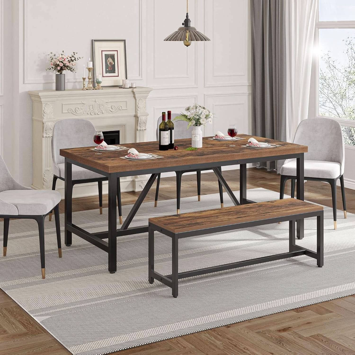 70.8 Inch Rustic Brown Farmhouse Dining Table For 6 To 8 People