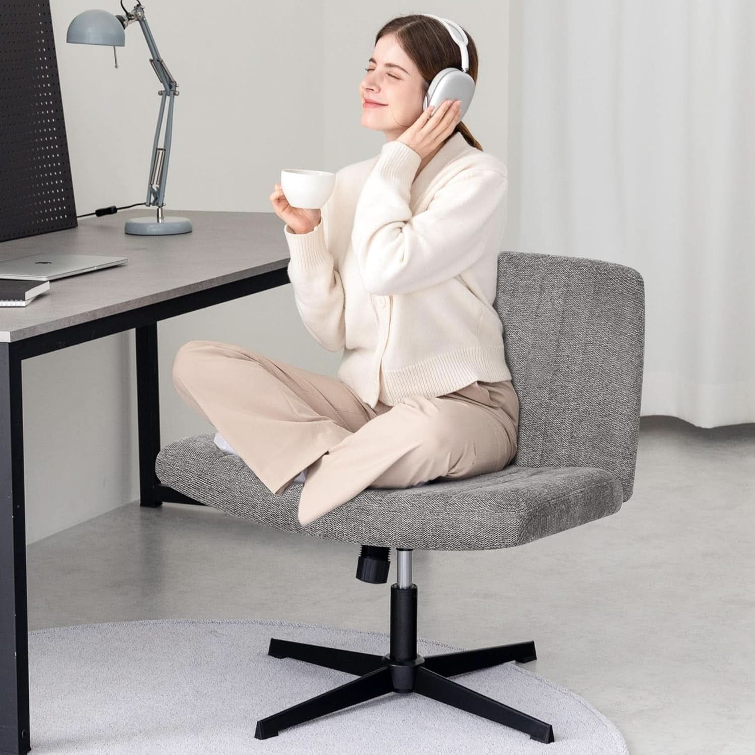 Cross Legged Office Chair Grey Wide Seat Adjustable Height