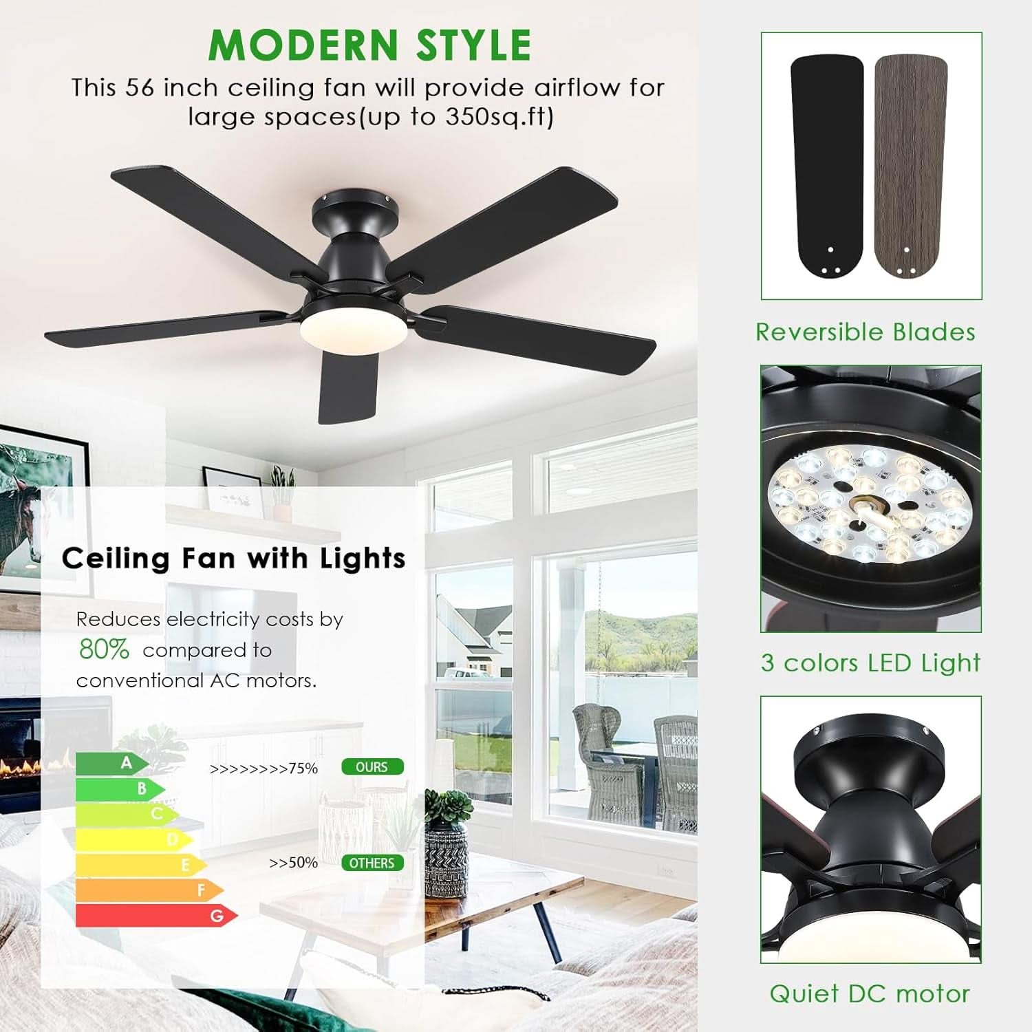 52 Inch Black Ceiling Fan With Lights LED Remote App Control