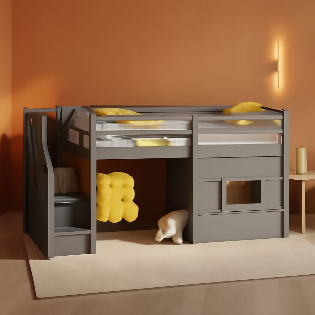 Twin Size Low Loft Bed In Gray With Stairs Storage